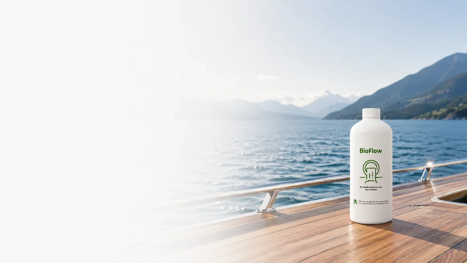BioFlow marine sewage treatment bottle on the deck of a yacht